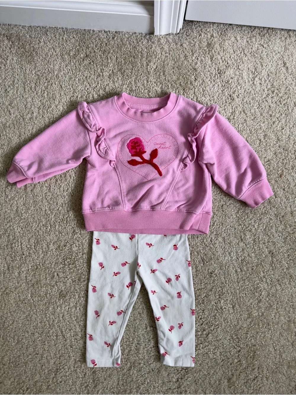 Cat & Jack Pink Ruffle Sweatshirt with White Rose-Print Leggings